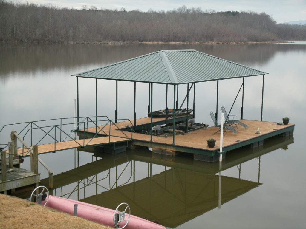 Lake Bowen Steel Floating Green Dock Wide Side Right with IPE decking and Green Hip Roof