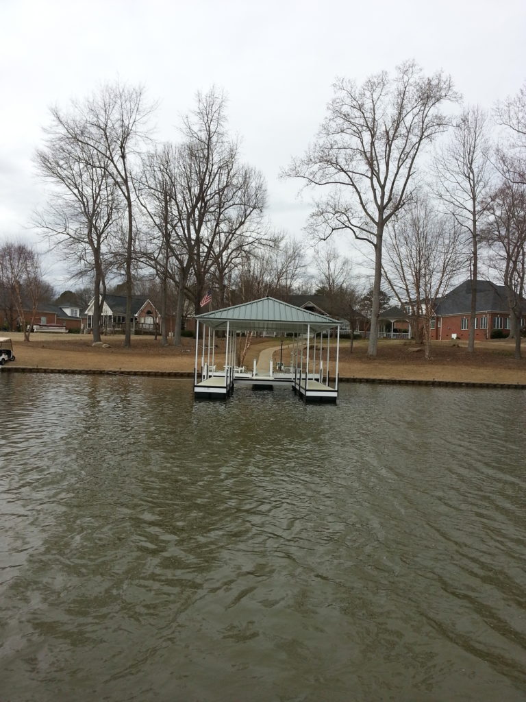 Steel Floating Dock in Aluminum Color with IPE Decking and Green Hip Roof
