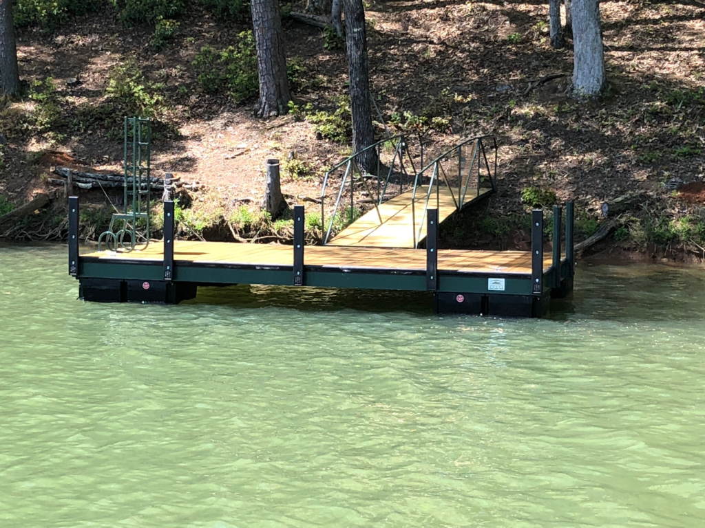 Steel 10 x 18 dock. Adger green with 2×8 Pressure treated boards and 20′ walkway.